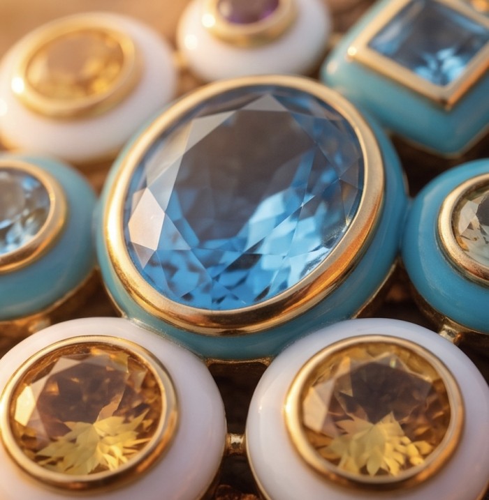 Outstanding - Authentic 31.2 carat Swiss Blue Topaz 18.8 carat Citrine 14.1 carat Amethyst Enamel 22K Gold over .925 Sterling Silver handcrafted Statementbnecklace - Stone close-up of Swiss Blue Topaz and other gemstones in jewelry piece.