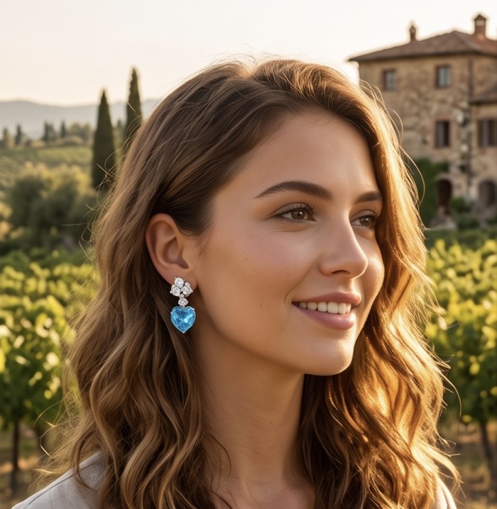 Angel's Heart - authentic 14.5 carat Swiss Blue Topaz rhodium over .925 Sterling Silver handcrafted Earrings - Side view of Angel's Heart earrings worn, featuring blue topaz and diamonds.