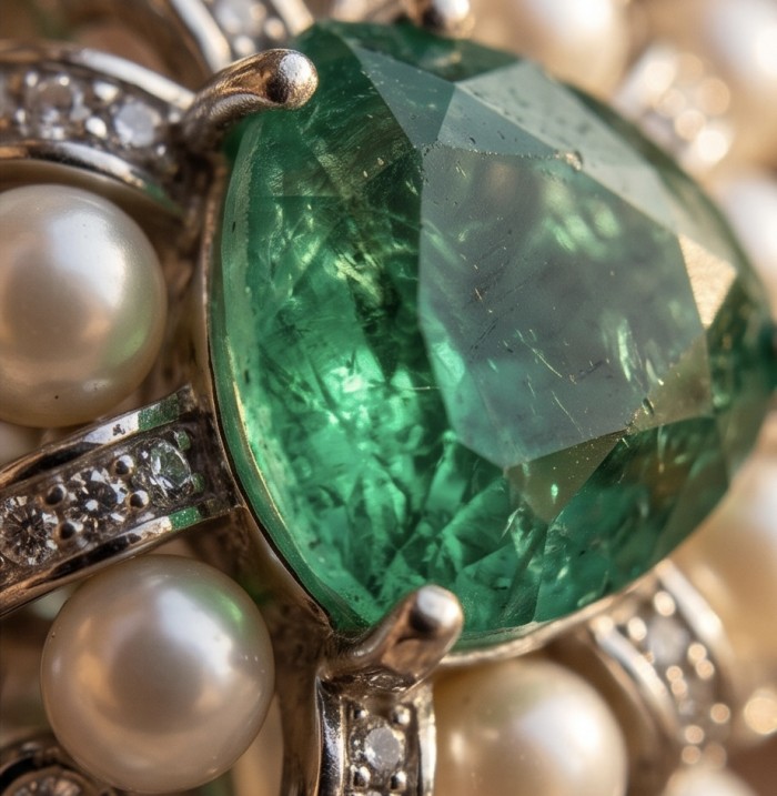 Authentic 7.5 CARAT natural Colombian Emerald 4.2 Moissanite .925 Sterling Silver handcrafted Ring size 7 - Close-up of Colombian emerald and moissanite with pearls.