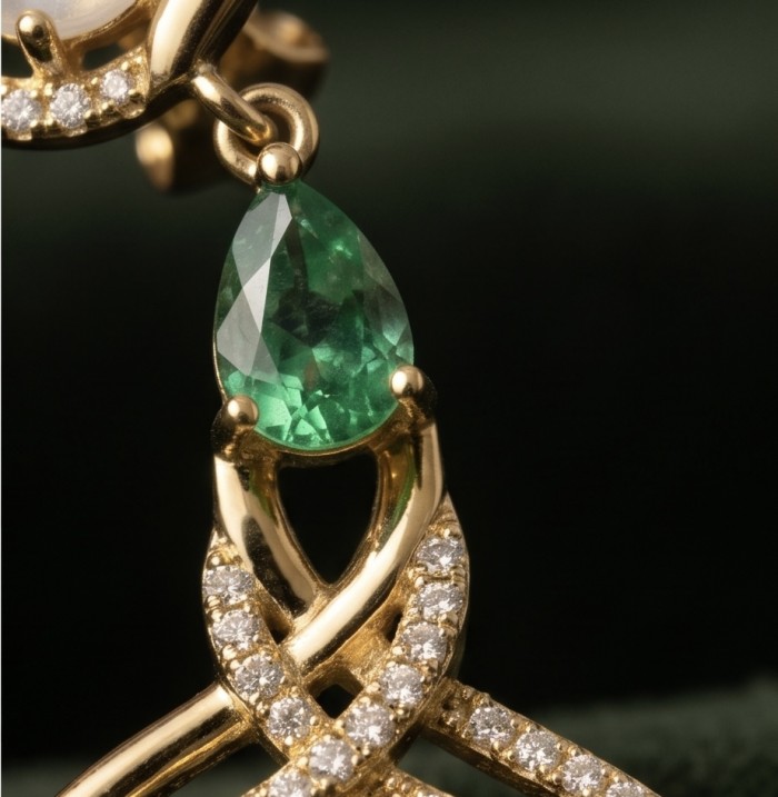 SOUTHERN STAR 12.2 carat Labradorite 4.8 carat Australian Fire Opal 22k Gold over .925 Sterling Silver Large Statement earrings - Close-up of an earring with emerald and diamond details on gold.
