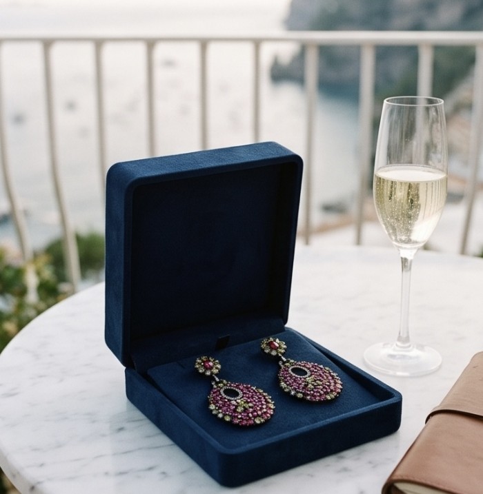 Isabella - 5.9 carat natural Pink Tourmaline 3.1 carat Green Tourmaline black rhodium over .925 Sterling Silver handmade Statement earrings - Isabella earrings in box with champagne, ocean backdrop