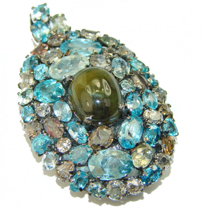 Genuine Green Tourmaline Aquamarine .925 Sterling Silver handmade Pendant - Brooch - photo 2