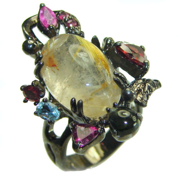 Pure Magic Best quality 9.5 carat Golden Rutilated Quartz black rhodium over .925 Sterling Silver handcrafted Ring Size 7 - photo 3