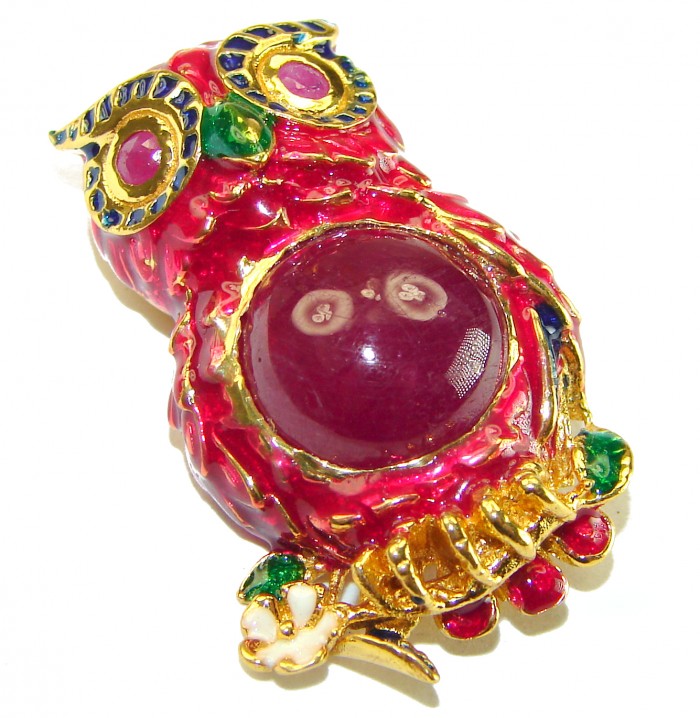 Wisdom and Unseen World - Owl- Genuine 10.5 carat Ruby enamel .925 Sterling Silver handmade Pendant - Brooch - photo 3