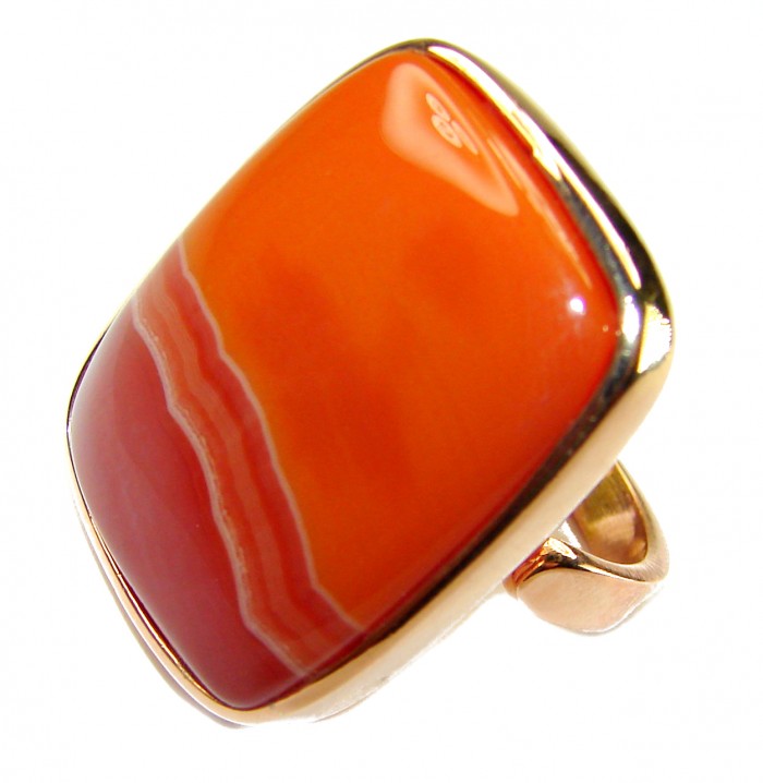 Toffee Orange Power natural Carnelian 14K Rose Gold over .925 Sterling Silver handmade ring s. 7 adjustable - Close-up of Toffee Orange Carnelian ring with 14K Rose Gold setting.