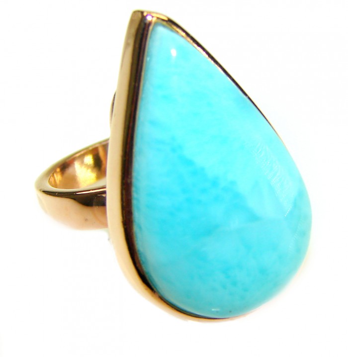Blue Perfection Blue Larimar 18K Gold over .925 Sterling Silver handmade Large ring size 8 adjustable - Teardrop blue Larimar ring in 18K gold, side view close-up.