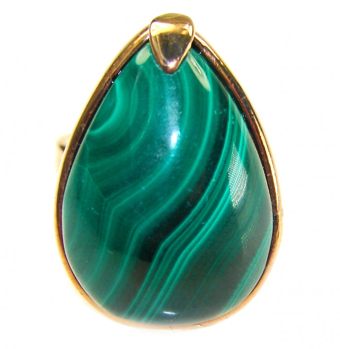 32.2 CARAT genuine Malachite 14K Rose Gold over .925 Sterling Silver handcrafted ring size 7 adjustable - Close-up of Malachite ring in 14K rose gold setting
