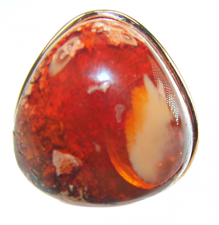 Inner Fire 25.5 carat Authentic Mexican Opal 14K Rose Gold over .925 Sterling Silver handcrafted ring size 8 adjustable - Close-up of Inner Fire 25.5 carat Mexican Opal in 14K Rose Gold.