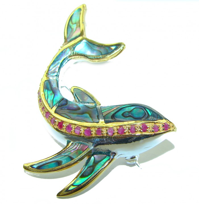Dolphin Natural Rainbow Abalone Ruby .925 Sterling Silver handmade Pendant Brooch - Dolphin brooch with abalone and rubies, side view, sterling silver.