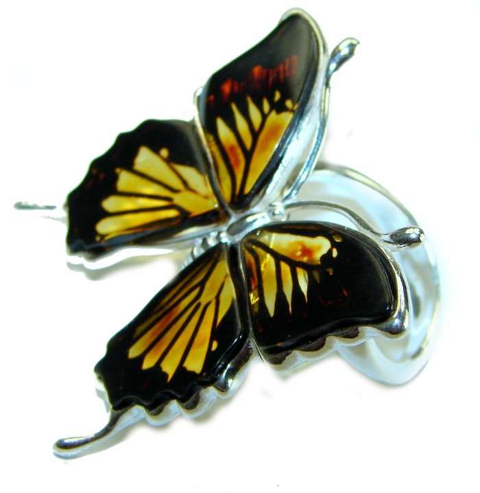 Large Butterfly Authentic carved Baltic Amber .925 Sterling Silver entirely handcrafted ring; s. 8 adjustable - Butterfly amber ring, top view, .925 sterling silver setting.