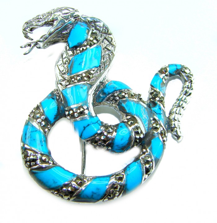 Cobra Snake inlay Turquoise .925 Sterling Silver handcrafted Brooch - Turquoise inlay cobra brooch, front view, sterling silver details