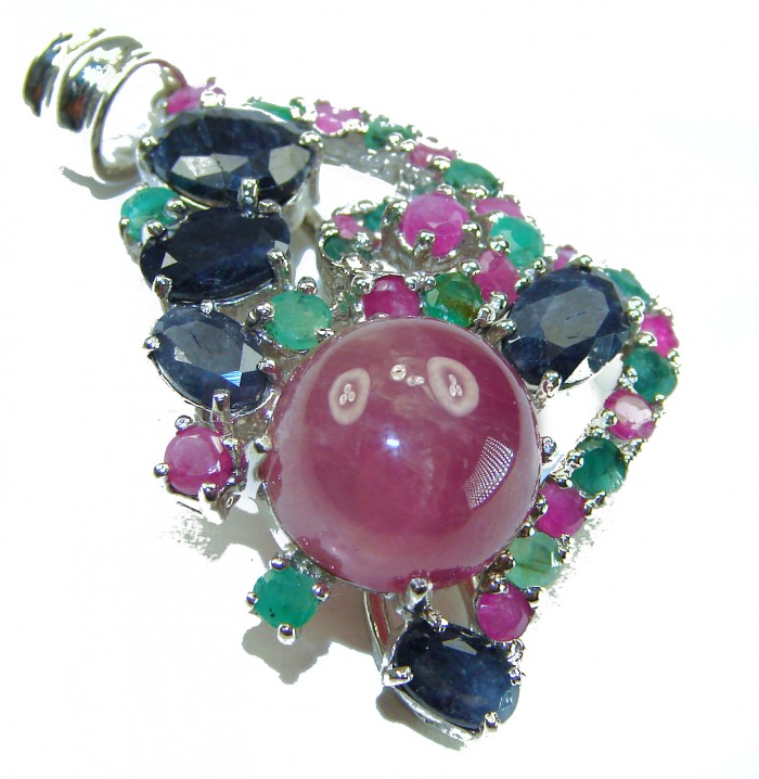 Francesca - authentic Ruby Emerald Sapphire .925 Sterling Silver handcrafted Pendant - Close-up of colorful gemstone pendant on sterling silver setting.