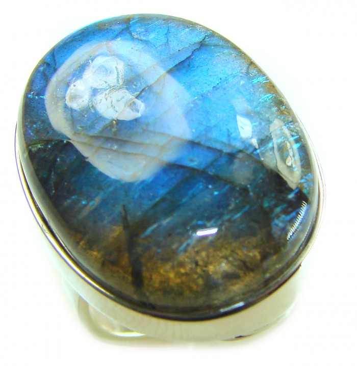 Shimmering Natural Labradorite .925 Sterling Silver handcrafted Large ring size 8 adjustable - Labradorite stone close-up in sterling silver setting.