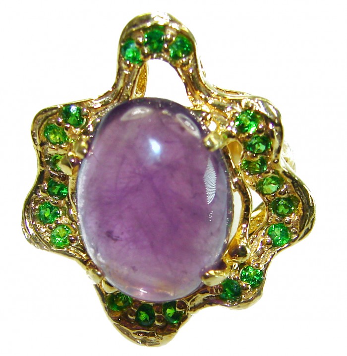 Purple Royalty 25.5 carat Amethyst .925 Sterling Silver dipped in 18K Gold over Handcrafted Ring size 8 - Amethyst ring close-up with green stones and gold-toned setting