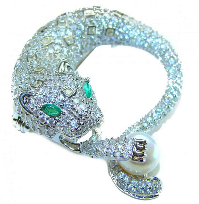 Gephard Natural 7.8 carat Ruby Colombian Emerald .925 Sterling Silver handmade pendant - Panther-shaped gemstone brooch, side view, with pearl detail.