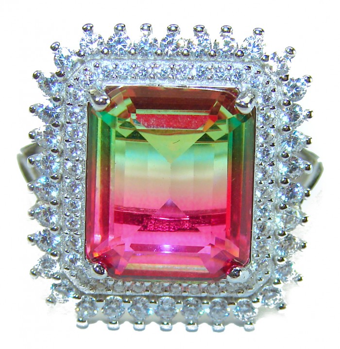 Bella Rosa Natural 10.8 carat Pink Topaz .925 Sterling Silver handmade Statement Ring size 7 - Close-up of Bella Rosa Pink Topaz ring with diamond accents.