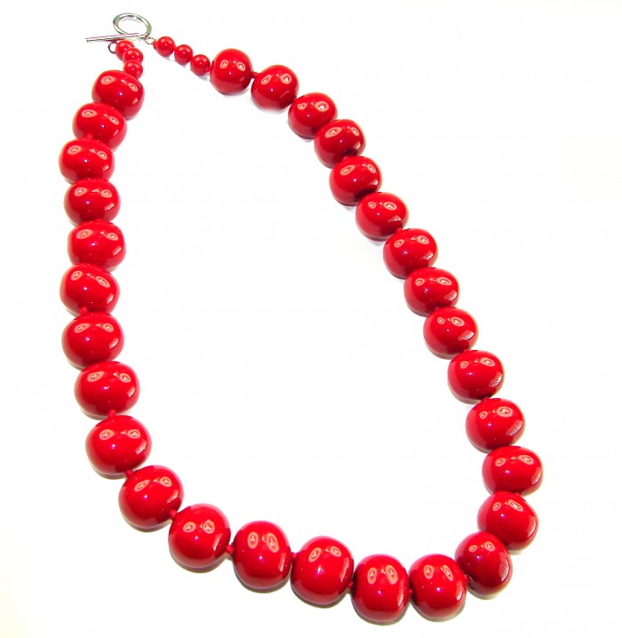 Konstancia Sublime natural Red Fossilized Coral Sterling Silver handmade Necklace - Red fossilized coral necklace with clasp detail, top view.