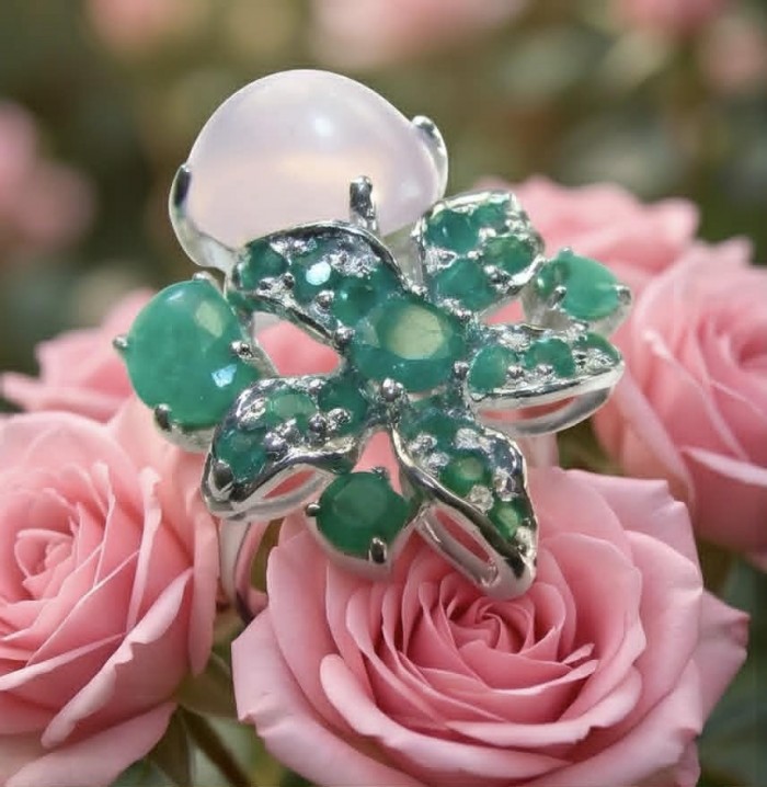 Stella 14.4 carat Brazilian Rose Quartz Emerald .925 Sterling Silver dipped in rhodium handmade ring 8 - Close-up of Stella 14.4 carat rose quartz emerald ring on pink roses.