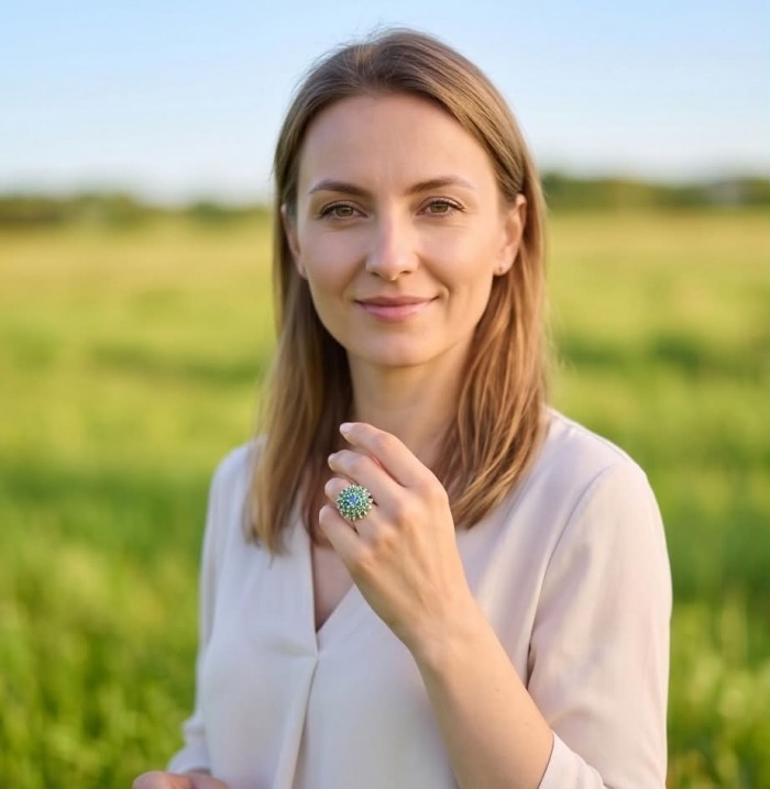 Fiammetta oval cut 2.2 carat Paraiba Tourmaline Tsavorite Garnet .925 Sterling Silver entirely handmade Ring size 8 - Woman wearing Fiammetta oval cut 2.2 carat Paraiba Tourmaline ring.