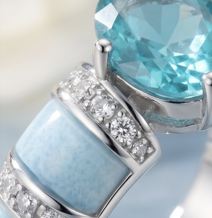 Wonderland 3.1 carat Paraiba Tourmaline .925 Sterling Silver Handcrafted Ring size 7 1/4 - Close-up of Paraiba Tourmaline ring in sterling silver with diamond accents.
