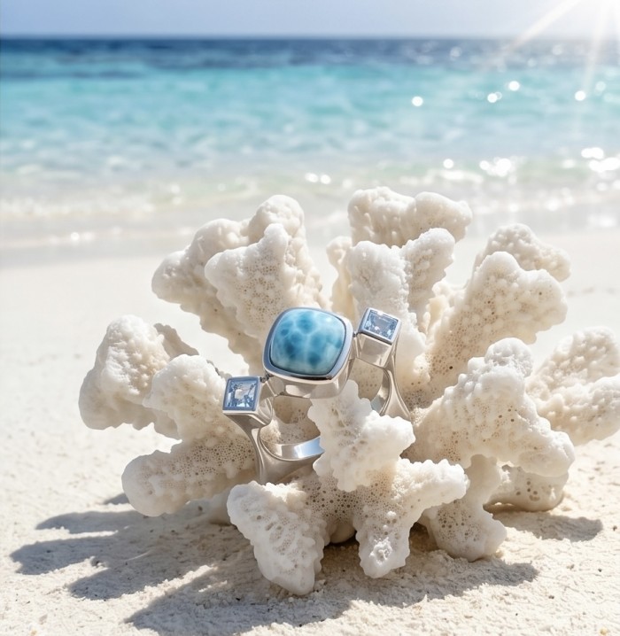 Caribbean Beauty 4.5 carat Genuine Blue Larimar .925 Sterling Silver handmade ring size 8 1/4 - Caribbean Beauty Larimar ring on coral with ocean background.
