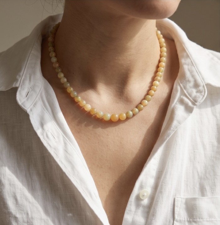 Real Masterpiece Natural Ethiopian Opal .925 Sterling Silver Necklace - Necklace worn on neck, highlighting Ethiopian Opal beads and white shirt.