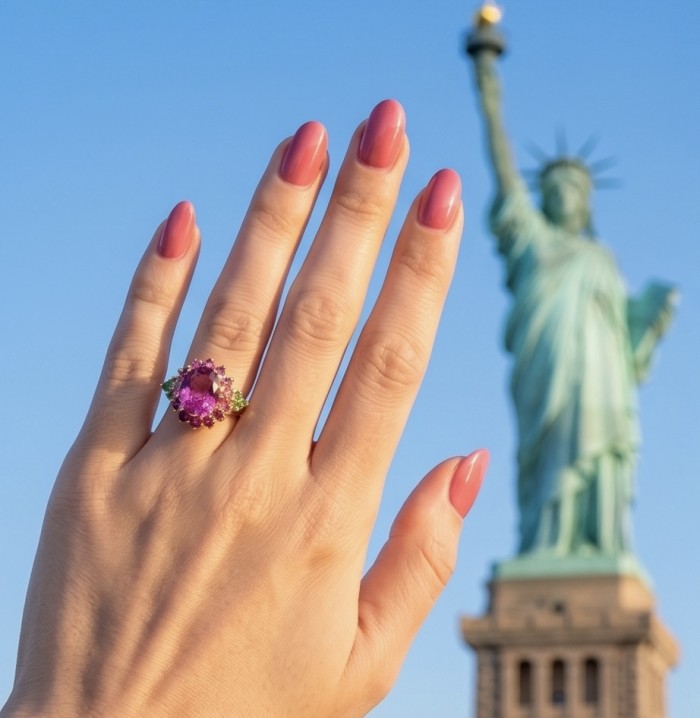 Elizabeth - Natural 10.8 carat pear cut Pink Sapphire .925 Sterling Silver dipped in 22K Rose Gold handmade Statement Ring size 6 - Worn on hand, pink sapphire ring with Statue of Liberty background