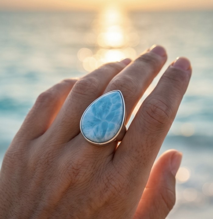 16.9 carat Blue Perfection natural Larimar .925 Sterling Silver handmade Large ring size 6 adjustable - 16.9 carat blue Larimar ring on hand with ocean sunset backdrop