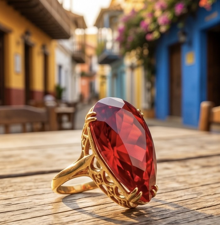 Carmen Natural 25.4 carat Ruby .925 Sterling Silver dipped in 22K Gold handmade Large Statement Ring size 6 1/4 - Close-up of Carmen 25.4 carat ruby ring on a wooden table.