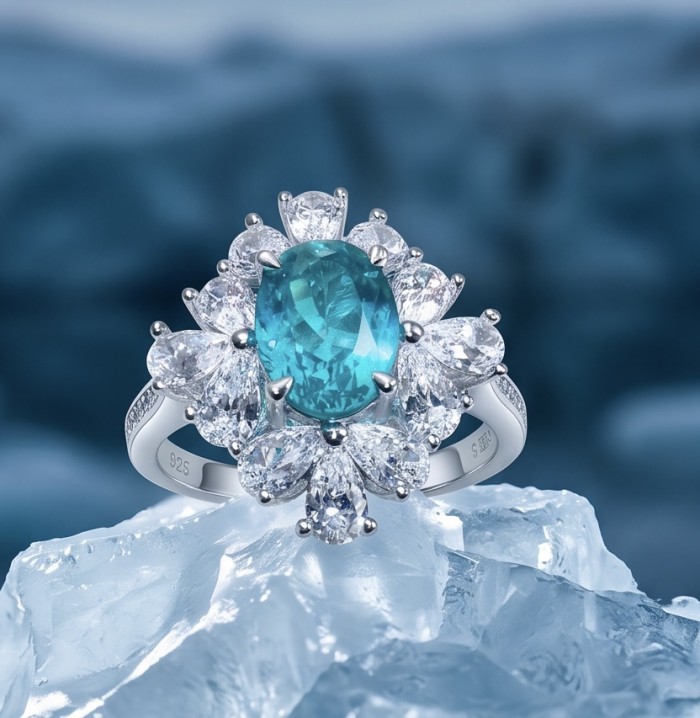 Wonderland 4.5 carat Brazilian Paraiba Tourmaline .925 Sterling Silver Handcrafted Ring size 8 - Close-up of Wonderland ring with Paraiba Tourmaline on icy backdrop