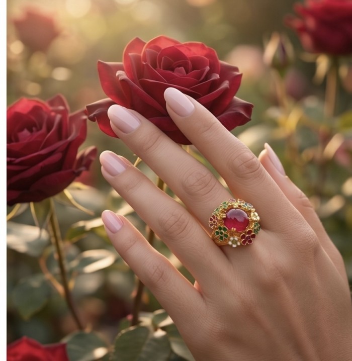 Blooming Garden Genuine 10.5 carat Kashmir Ruby enamel .925 Sterling Silver dipped in 22K Gold Large Statement Ring size 6 3/4 - Blooming Garden ring with ruby and enamel, worn on hand, roses in background.