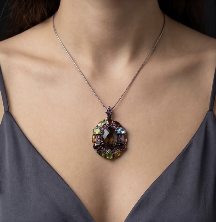 Vinatge Traesure Authentic 10.5 carat carved Smoky Topaz black rhodium over .925 Sterling Silver handmade Statement Pendant - Woman wearing a colorful gemstone pendant necklace front view