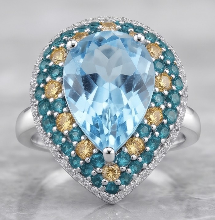 Venus 11.8 carat Swiss Blue Topaz .925 Sterling Silver dipped in rhodium handcrafted ring size 7 - Close-up of Venus 11.8 ct Swiss Blue Topaz ring in sterling silver