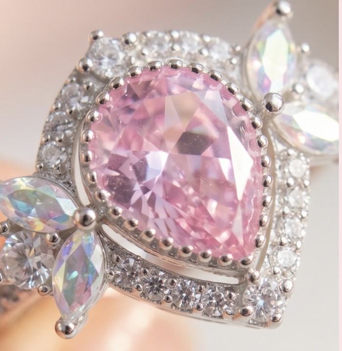 Isabella - Light Pastel 4.7 carat Kunzite .925 Silver handcrafted Cocktail Ring s. 7 1/2 - Close-up of Isabella ring with 4.7 carat pink kunzite and silver setting.
