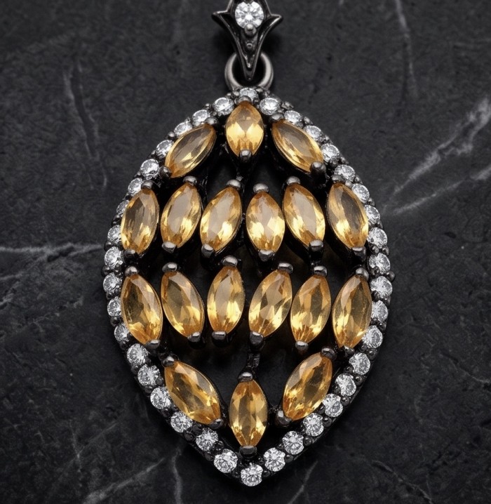 Authentic 15.5 carat Brazilian Citrine black rhodium over .925 Sterling Silver handcrafted Statement Pendant - Close-up of Brazilian Citrine pendant on black background