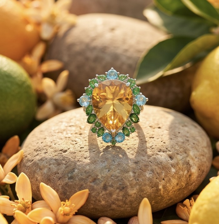 Emily 24.2 carat Brazilian Citrine EMERALD .925 Sterling Silver dipped in rhodium handcrafted ring; s. 8 1/4 - Citrine and emerald ring on stone with citrus and flowers, close-up.