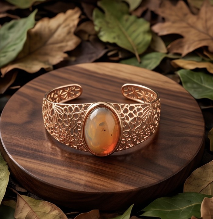 Authentic 25.5 carat Golden Mexican Opal handmade 18K Rose Gold over .925 Sterling Silver Bracelet / Cuff - Golden Mexican Opal bracelet on display with leaf background