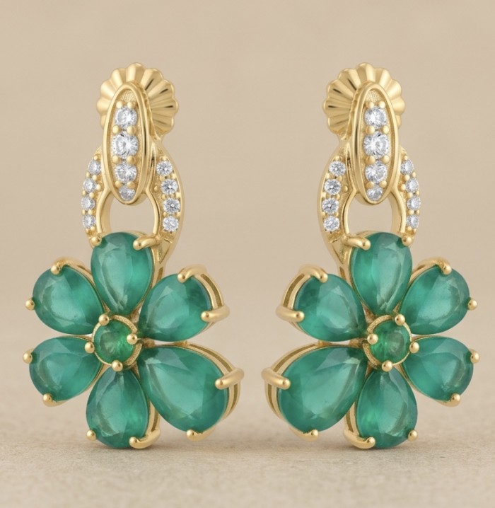 Emily - Authentic 7.5 CARAT Colombian Emerald 18K Gold over .925 Sterling Silver handcrafted earrings - Front view of Emily Colombian Emerald earrings in 18K gold.