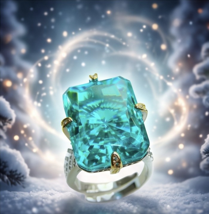 Oceania baquette cut 22.5 carat Paraiba Tourmaline 2 tones .925 Sterling Silver Handcrafted Ring size 8 - Close-up of Oceania baguette cut 22.5 ct Paraiba Tourmaline ring
