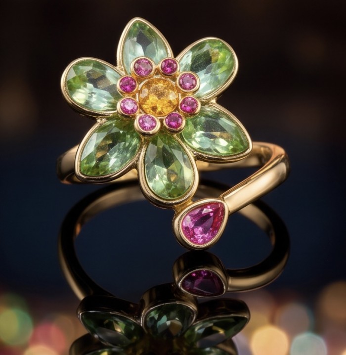 Summer flower 6.5 carat genuine Green Topaz 14K Gold over .925 Sterling Silver handmade Statement Ring size 8 - Close-up of floral ring with green topaz and pink stones, gold setting