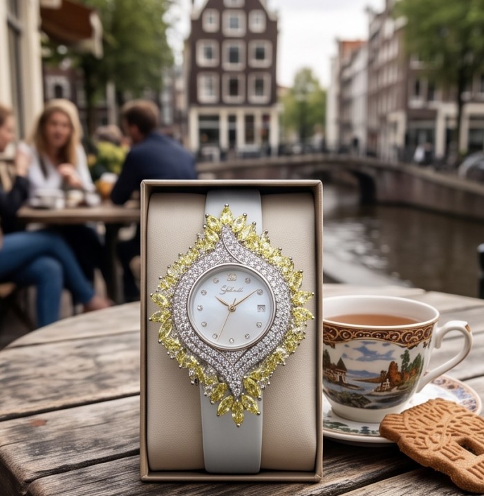 Precious 10.5 carat Authentic yellow Sapphire Genuine Leather strap .925 Sterling Silver handmade Watch - Luxury watch with yellow sapphires, riverside café setting