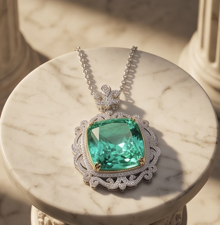 Brazilian's Briliance - emerald cut 33.7 carat Paraiba Tourmaline .925 Sterling Silver handcrafted necklace - Close-up of 33.7 carat Paraiba Tourmaline pendant on marble background.