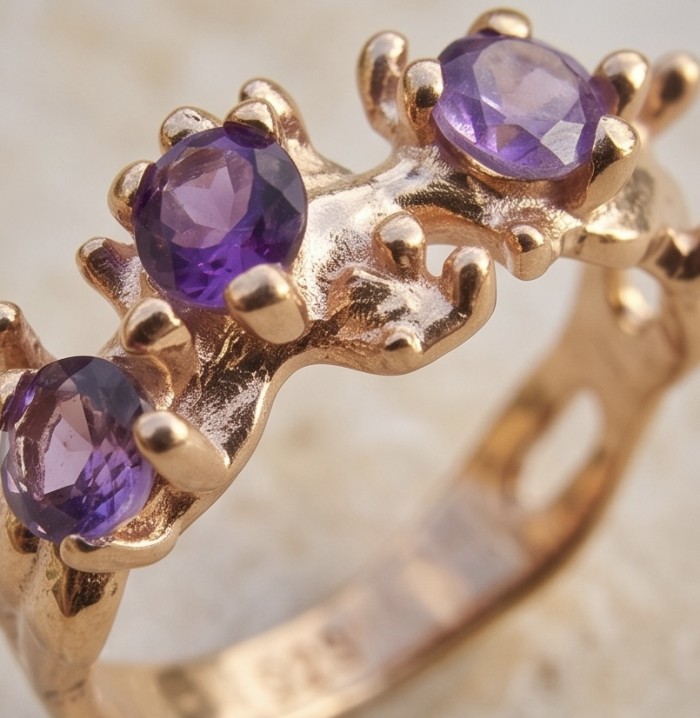 3.4 carat Amethyst 18K Rose Gold over .925 Sterling Silver Handcrafted Ring size 6 - Amethyst ring in rose gold close-up, prong setting detail.