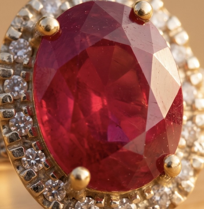 Carmen Authentic 12.5 carat Mozambique Ruby .925 Sterling Silver dippedin 22K Gold brilliantly handcrafted Statement ring; s. 6 1/2 - Close-up of Mozambique ruby surrounded by small stones and gold prongs.