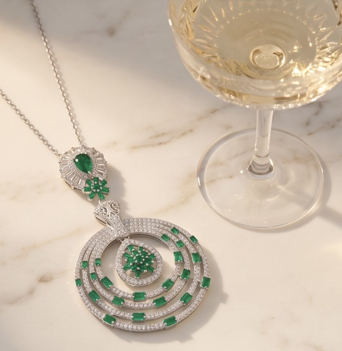 Precious 7.2 carat natural Colombian Emerald rhodium over .925 Sterling Silver .925 Sterling Silver Statement Necklace - Emerald necklace and wine glass displayed on marble surface