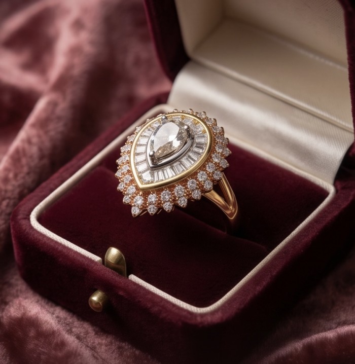 Authentic pear cut 9.2 carat Morganite 14K White Gold over .925 Sterling Silver ring s. 8 - Pear cut Morganite ring in box, side view on velvet background