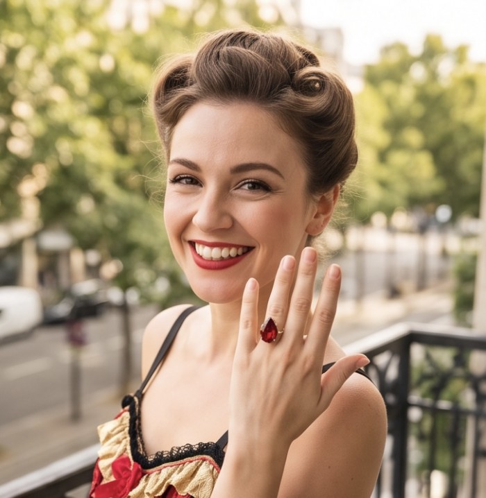 Carmen Natural 25.4 carat Ruby .925 Sterling Silver dipped in 22K Gold handmade Large Statement Ring size 5 3/4 - Woman wearing Carmen Natural 25.4 ct Ruby ring on hand, front view.