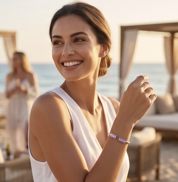 Precious Light Natural 5.2 carat Kunzite .925 Sterling Silver bracelet - Woman wearing Precious Light Kunzite bracelet by the beach.