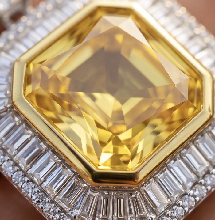 Art Deco - Luxurious asscher cut 14.7 carat Yellow Sapphire rhodium over .925 Sterling Silver handcrafted necklace - Stone close-up of Art Deco 14.7 carat asscher cut Yellow Sapphire