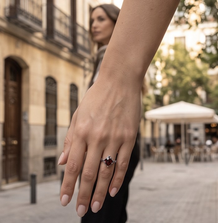 Red Heart 4.8 carat natural Garnet rhodium over .925 Sterling Silver Handcrafted Ring size 8 1/4 - Red heart garnet ring worn on hand with outdoor background.